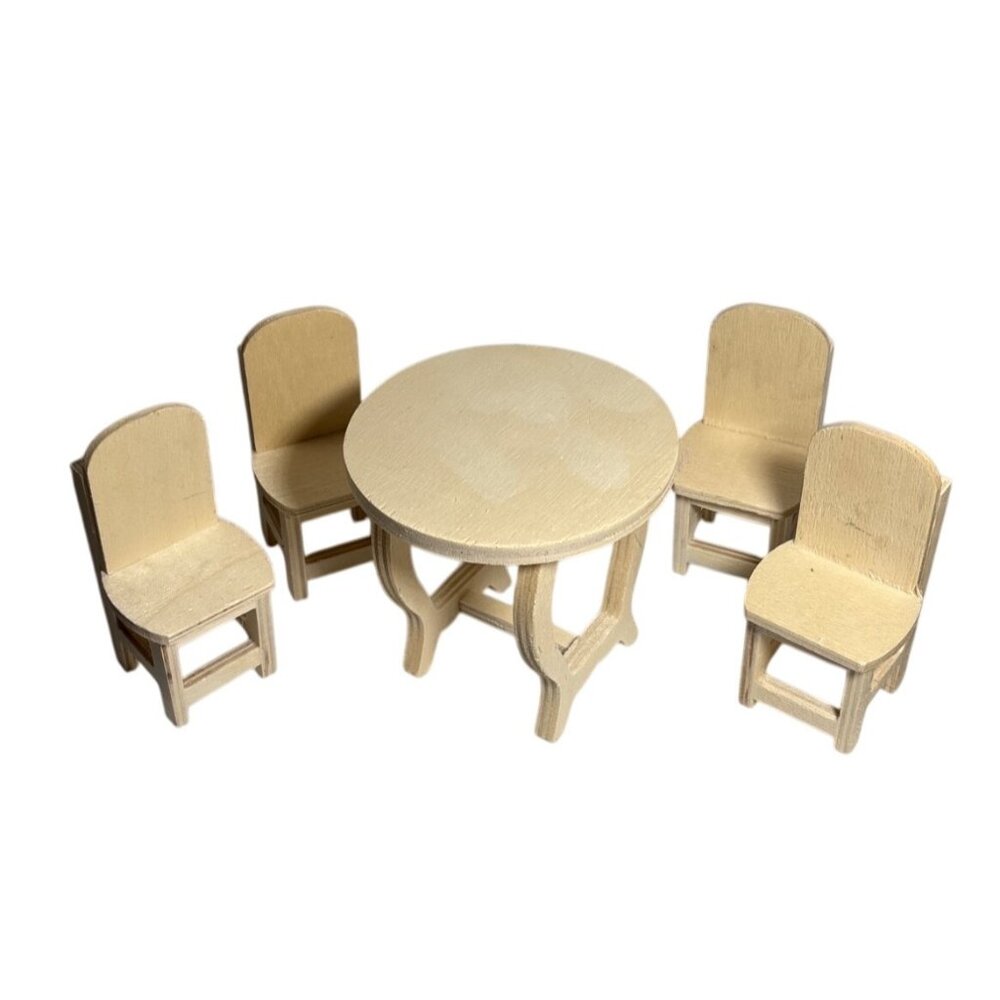 Miniature Wooden Round Table & 4 Chairs Set For Dollhouse Unfinished